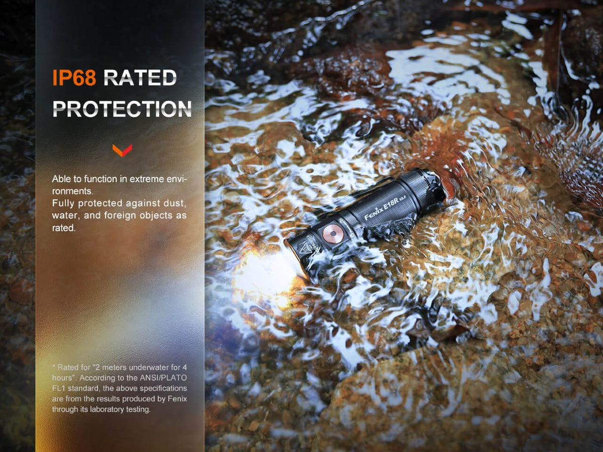 Fenix E18R V2 flashlight shown in flowing water beside its IP68 rating