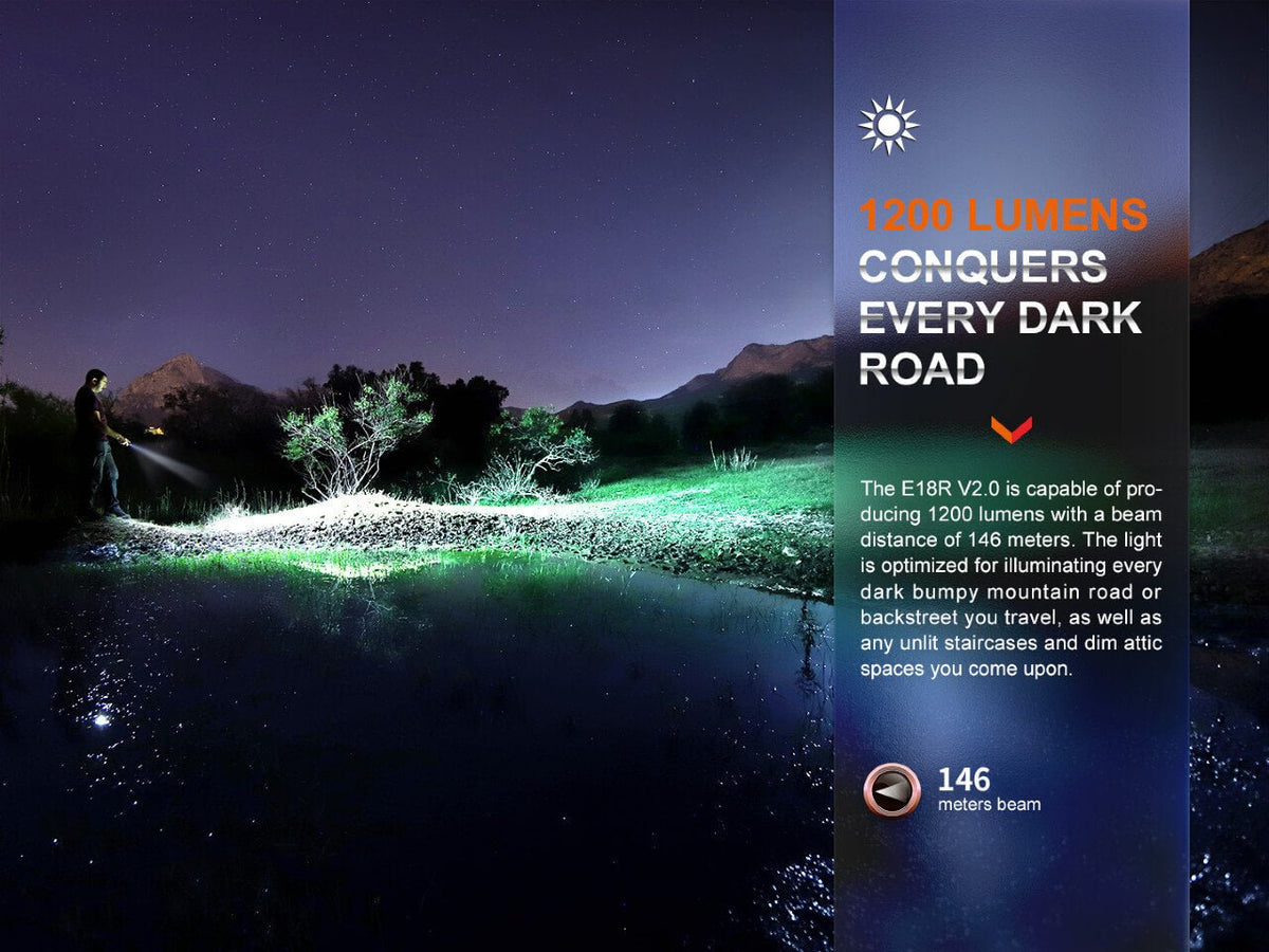 Fenix E18R V2 illuminating a path outdoors at night