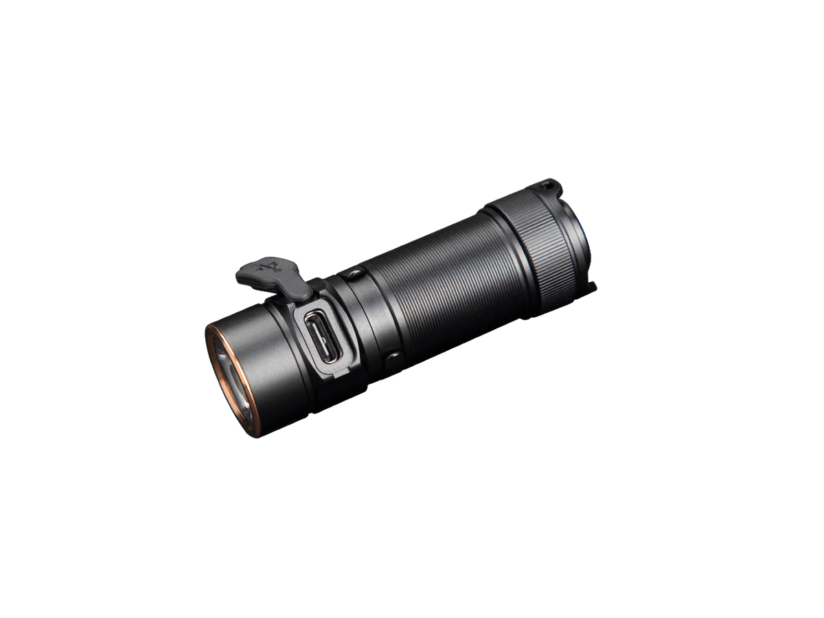 Side view of black Fenix E18R V2 showing its charging port