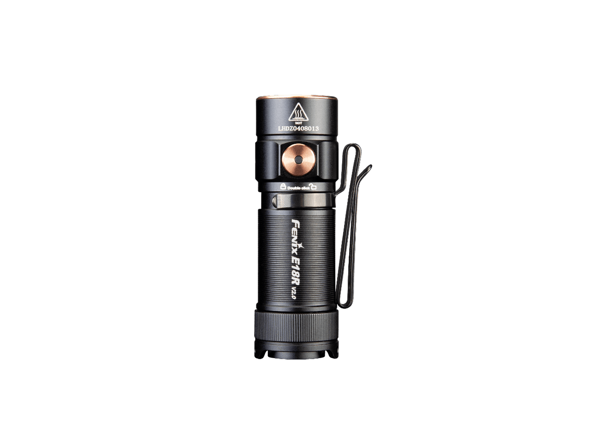 Front view of black Fenix E18R V2 showing its side switch and pocket clip