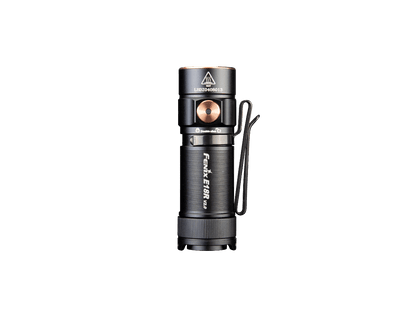 Front view of black Fenix E18R V2 showing its side switch and pocket clip