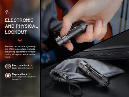 Fenix E18R V2 lockout demonstration and flashlight resting beside a storage pouch