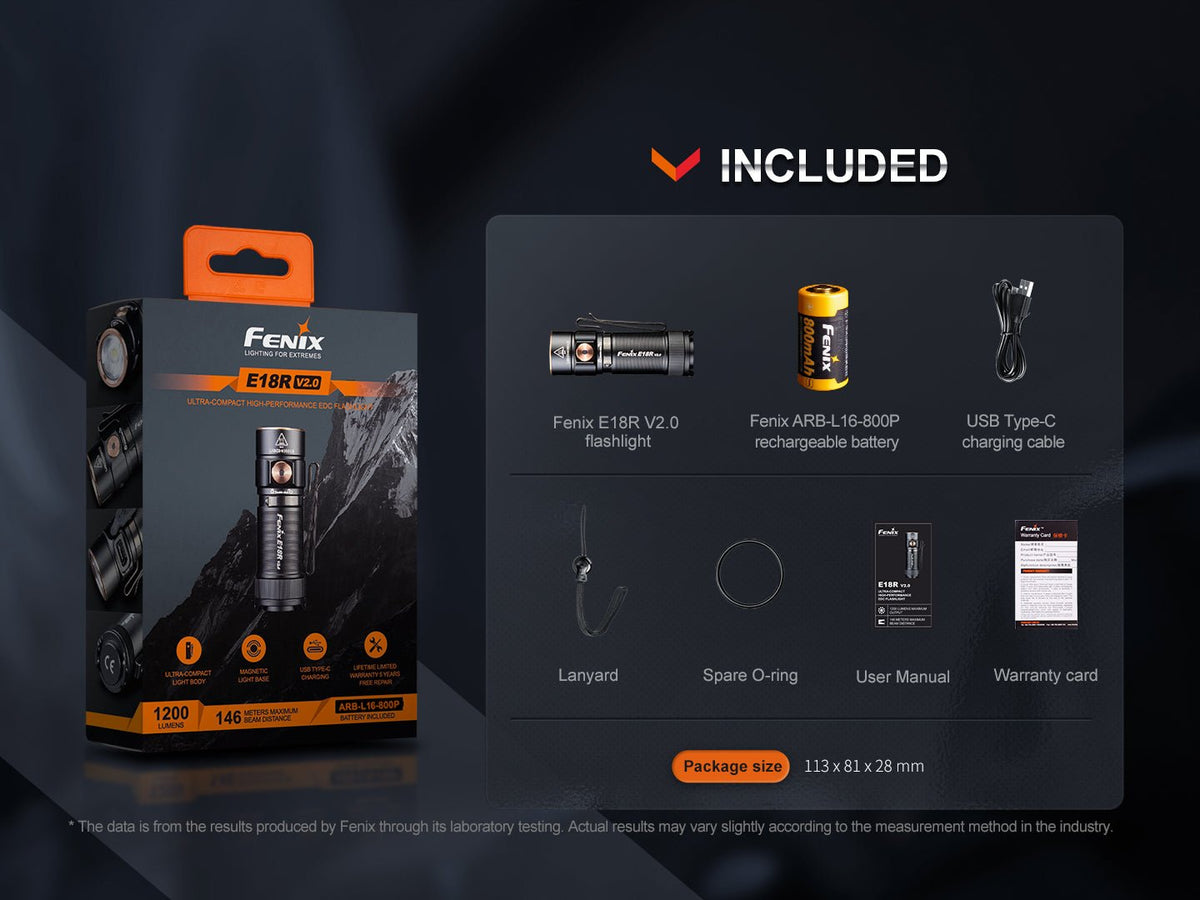 Fenix E18R V2 package and included flashlight, battery, charging cable, lanyard and documentation