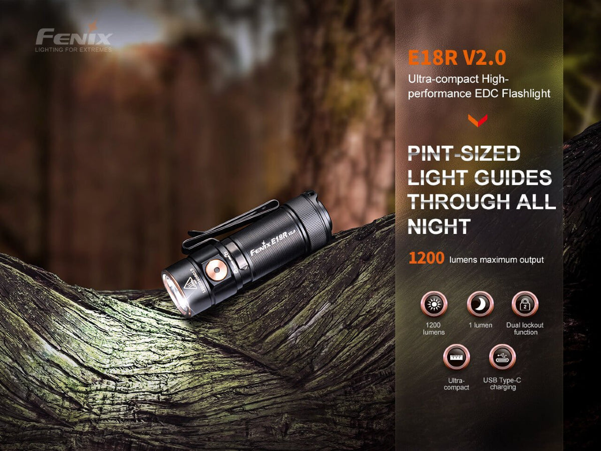 Fenix E18R V2 flashlight resting on a tree branch beside supplier specifications
