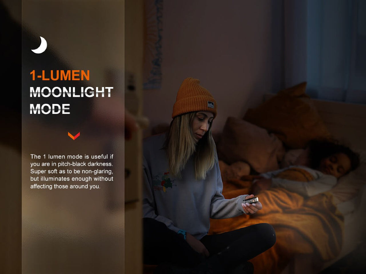 Fenix E18R V2 moonlight mode illustrated in a dim room