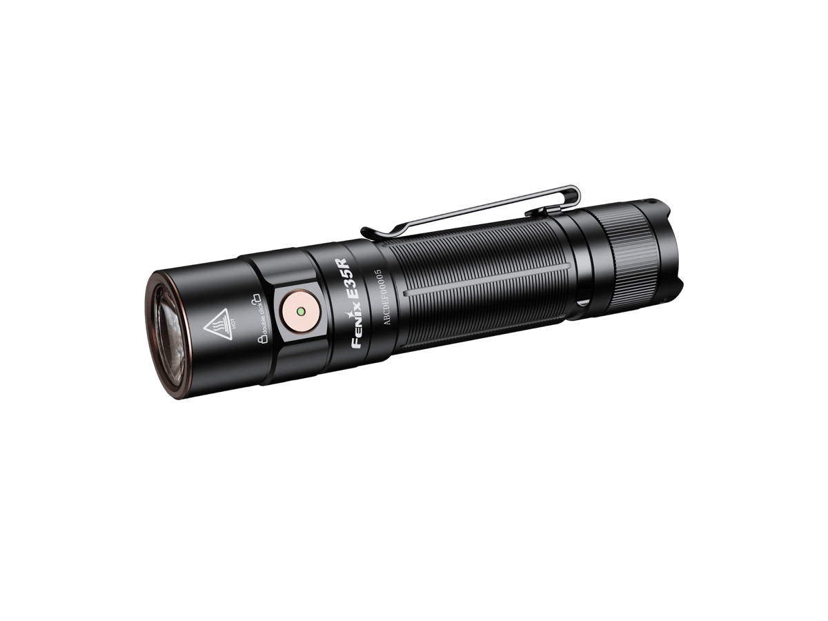 Black Fenix E35R rechargeable flashlight with side switch and pocket clip, angled view.