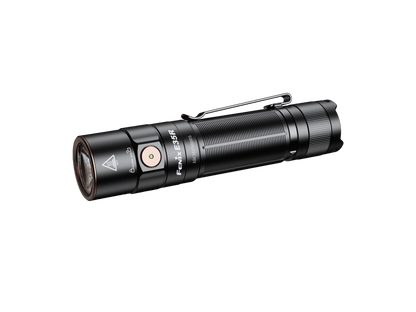 Black Fenix E35R rechargeable flashlight with side switch and pocket clip, angled view.