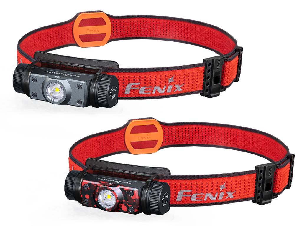 Fenix HM62-T Black and Magma headlamp color options with red SPORT headbands on white.