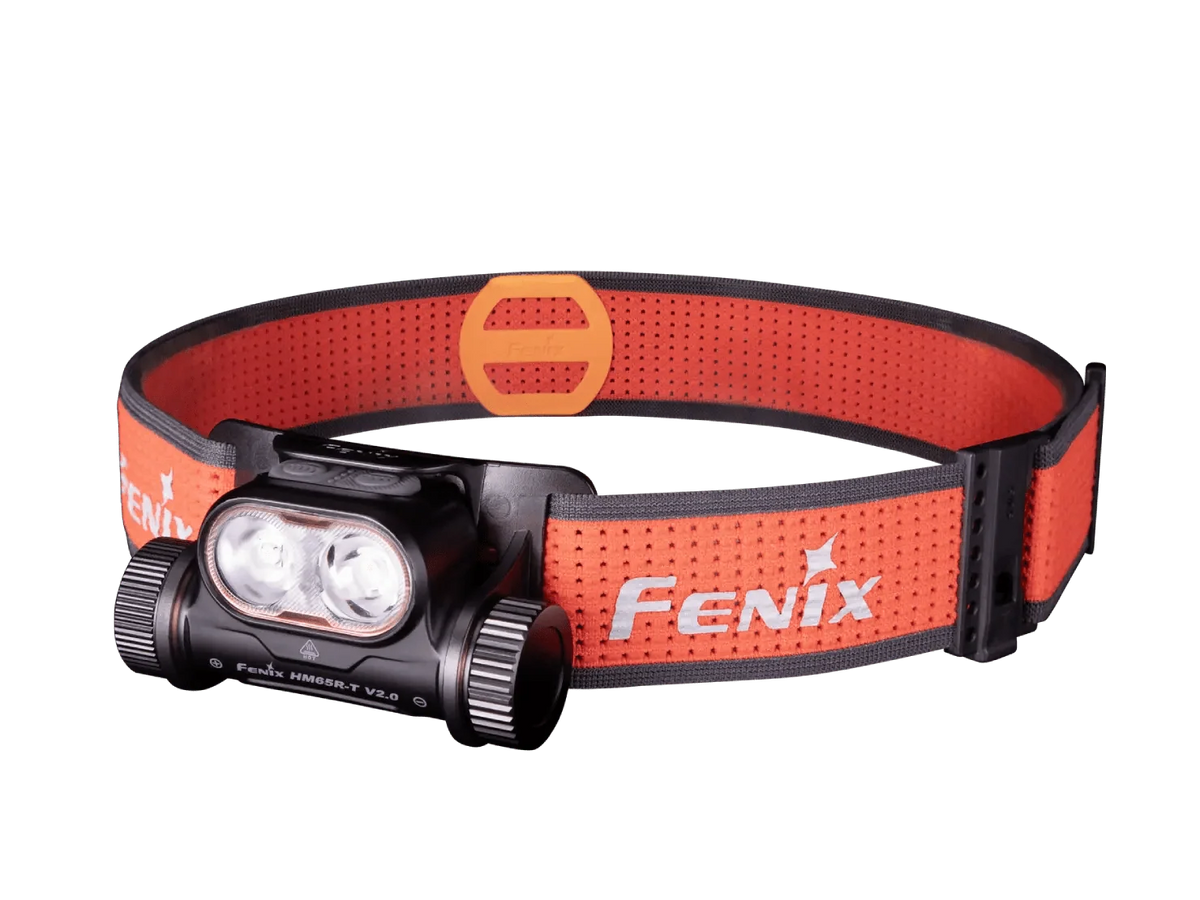 Black HM65R-T V2 headlamp with orange and black headband.