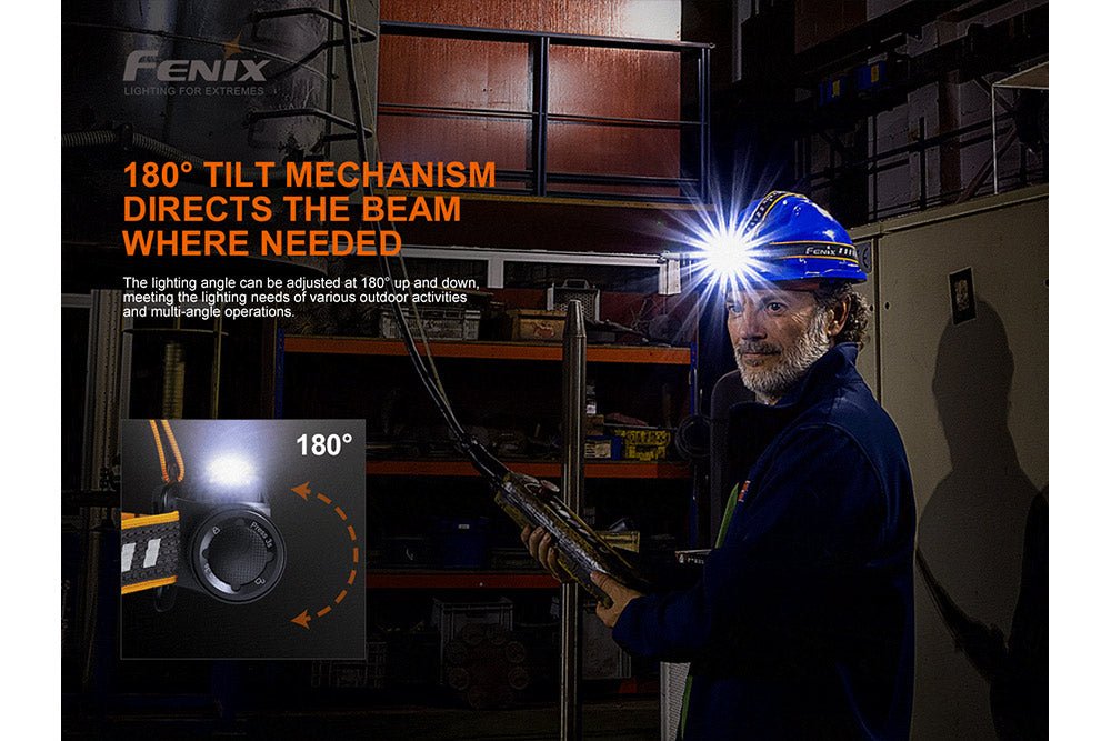 Fenix HM70R headlamp tilted downward on its adjustable mount during warehouse work