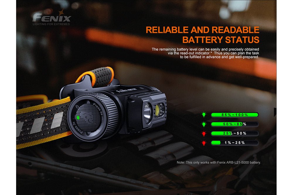 Fenix HM70R battery-level indicator feature with ARB-L21-5000 battery compatibility note