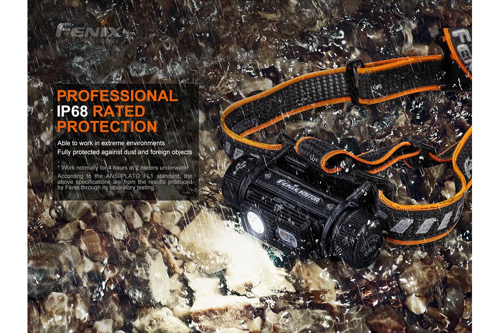 Fenix HM70R headlamp shown with the manufacturer's IP68 protection claim