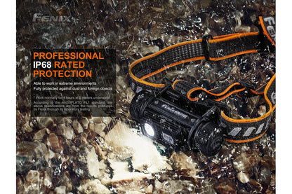 Fenix HM70R headlamp shown with the manufacturer's IP68 protection claim