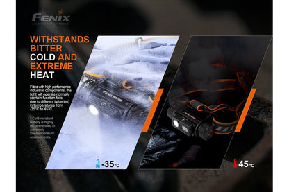 Fenix HM70R headlamp with the manufacturer's stated operating temperature range graphic
