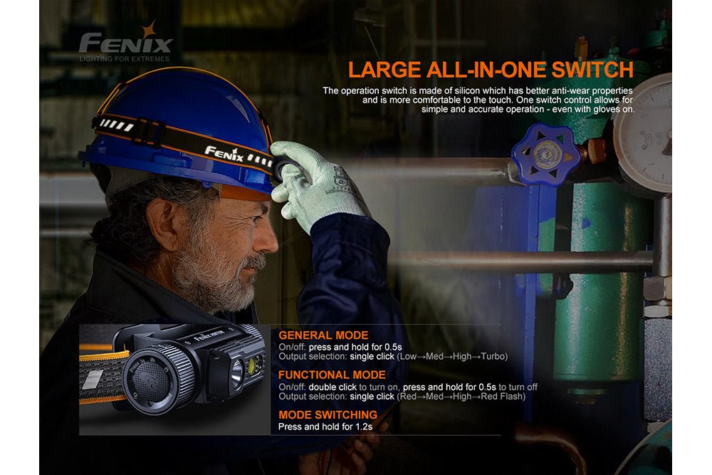 Fenix HM70R all-in-one control button with a person wearing the headlamp