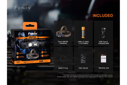 Standard Fenix HM70R package with headlamp, rechargeable battery, USB-C cable, spare O-ring, manual, and warranty card