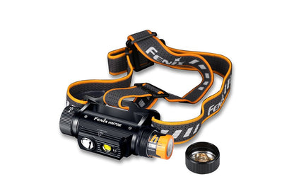 Fenix HM70R headlamp with headband and included rechargeable battery on a white background