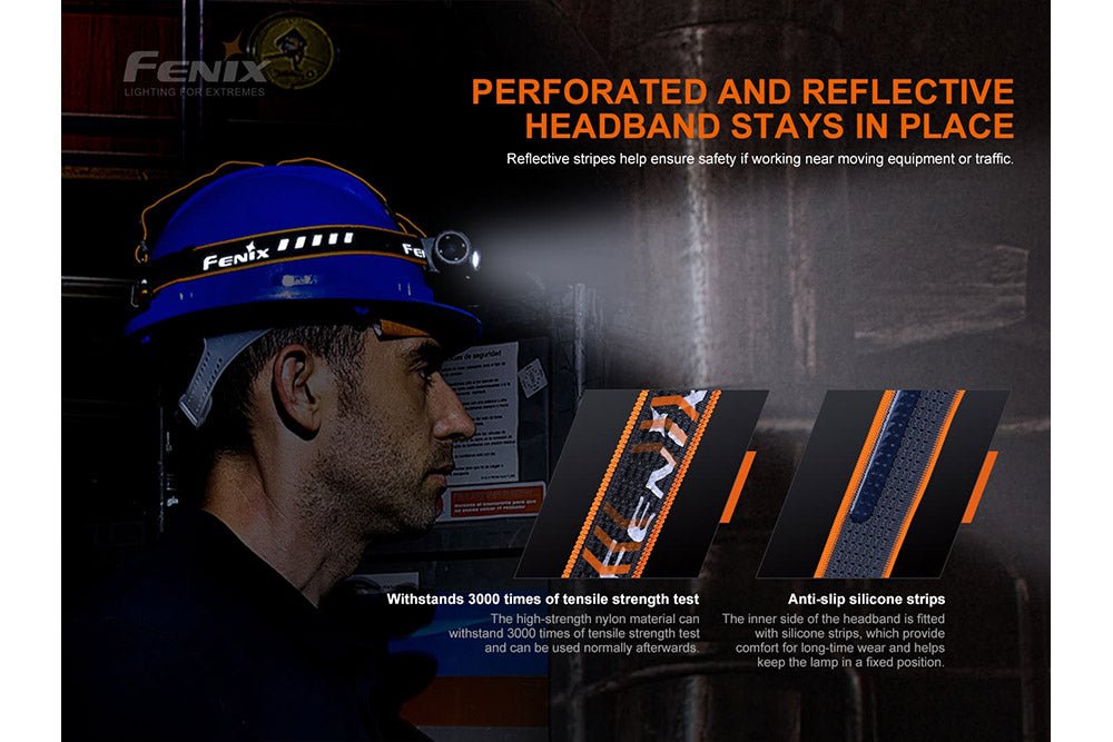 Worker wearing a Fenix HM70R headlamp and adjustable headband on a hardhat