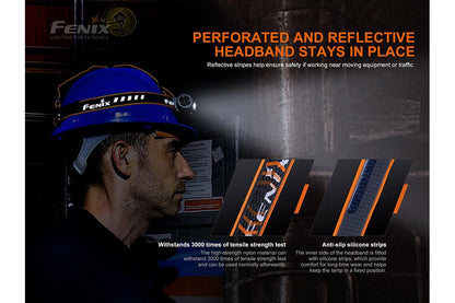 Worker wearing a Fenix HM70R headlamp and adjustable headband on a hardhat