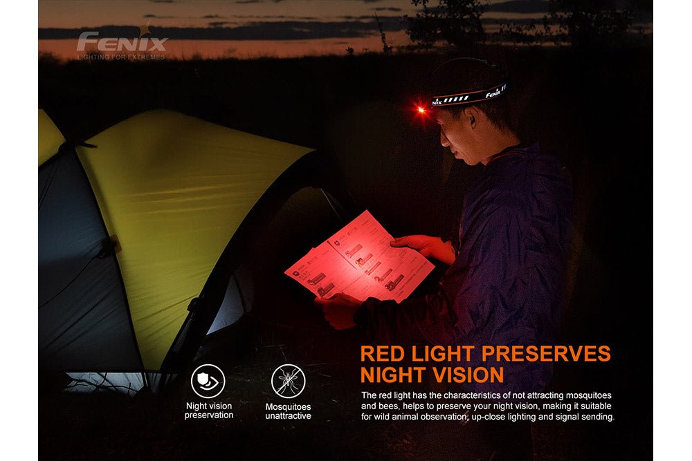 Person reading near a tent using the red light on a Fenix HM70R headlamp