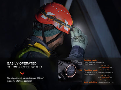 Fenix HM71R headlamp switch on a helmet; helmet not included