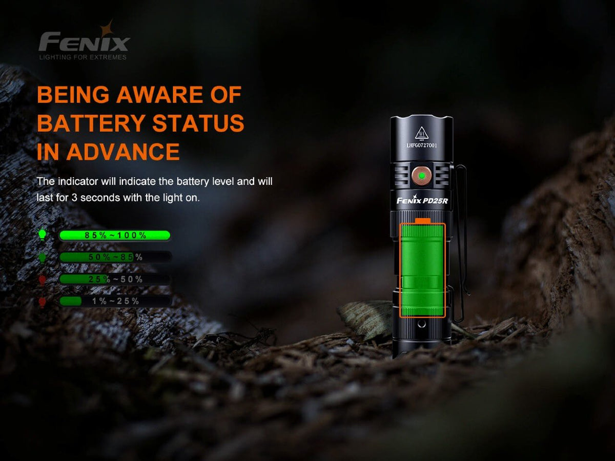 Fenix PD25R battery-indicator diagram, showing the illuminated side button and battery-level colors.