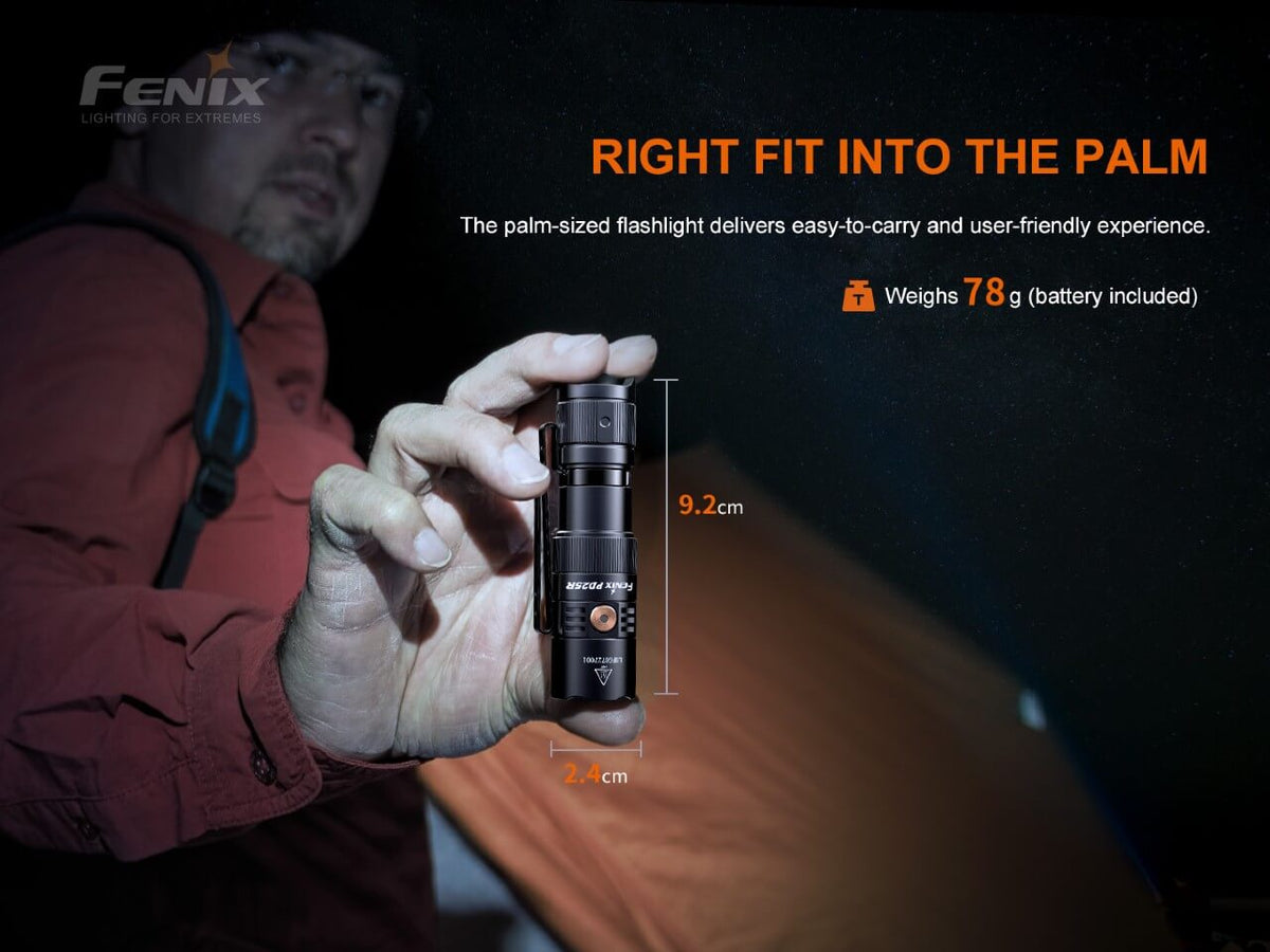 Fenix PD25R held between fingers to illustrate its compact size, with a 92 mm length and 24 mm width diagram.