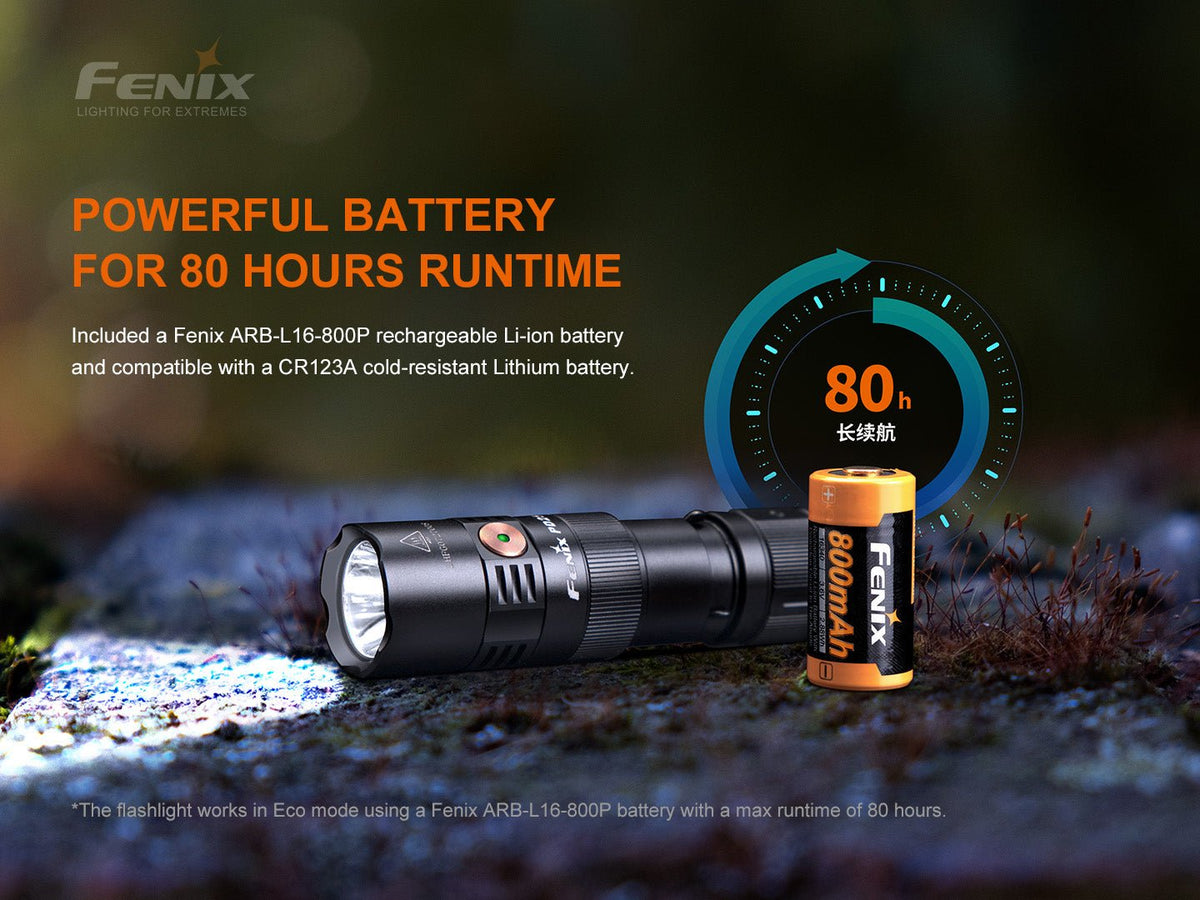 Fenix PD25R flashlight beside its rechargeable battery, with the supplier's Eco-mode runtime illustration.