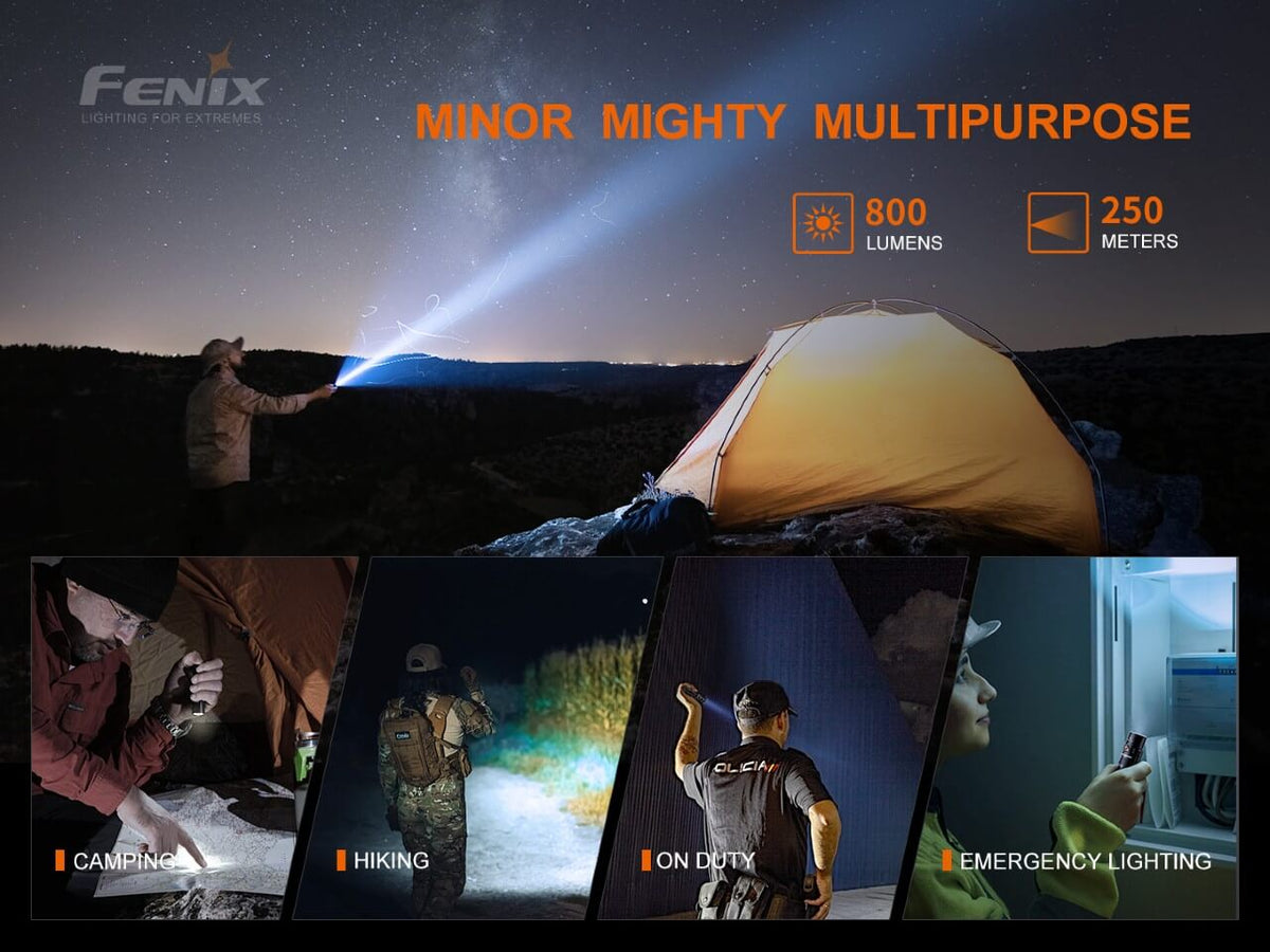 Camping, hiking, work and emergency-lighting scenes illustrating uses for the Fenix PD25R.