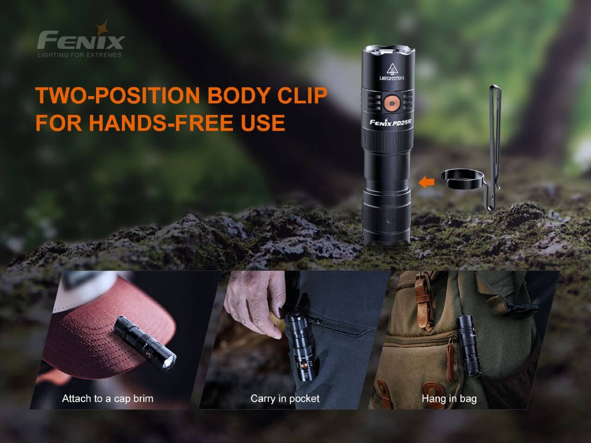 Fenix PD25R two-position body clip, with examples attached to a cap brim, pocket and bag.