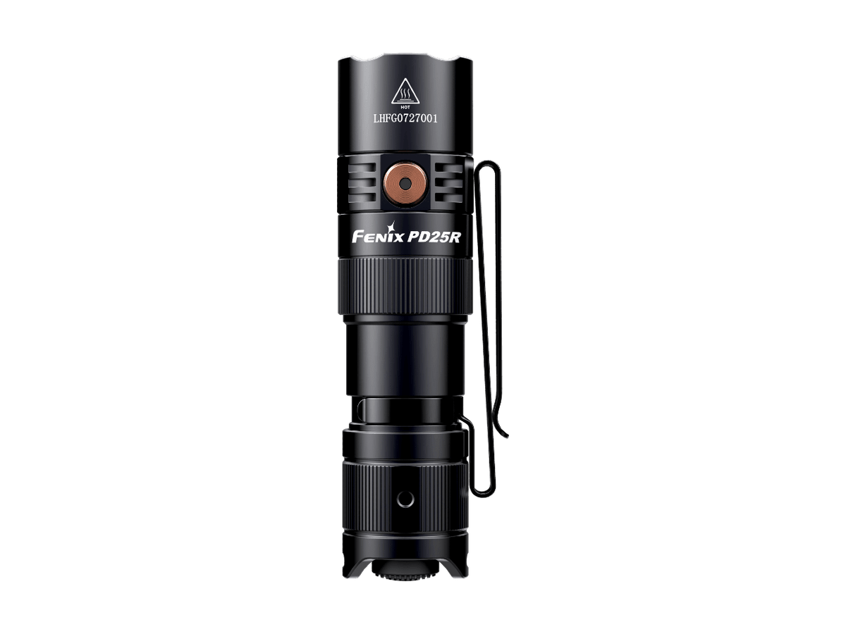 Upright front view of the black Fenix PD25R flashlight with side button and pocket clip.
