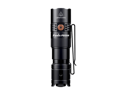 Upright front view of the black Fenix PD25R flashlight with side button and pocket clip.