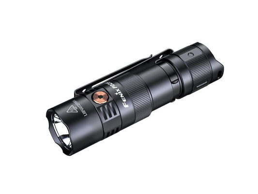 Black Fenix PD25R flashlight at an angle, showing the front lens, orange side button and pocket clip.