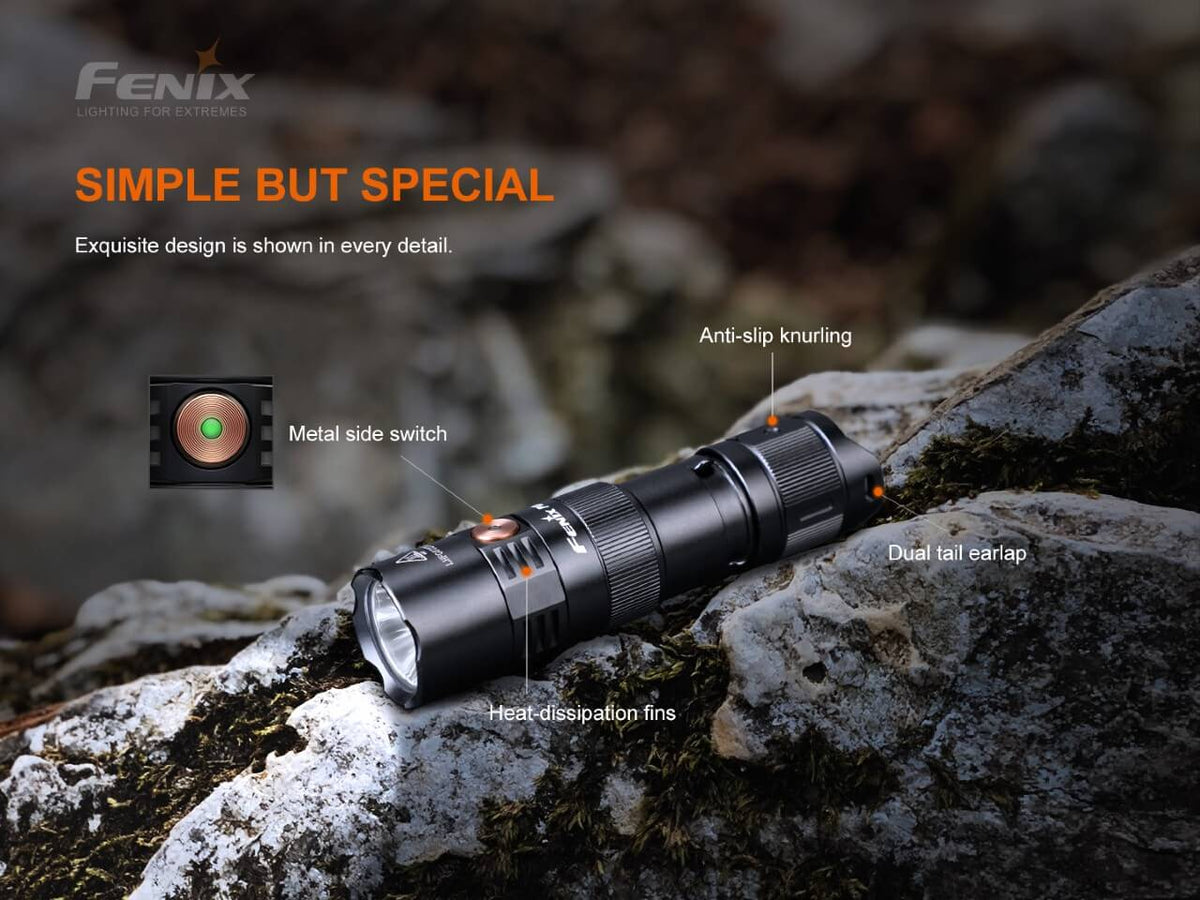 Close-up of the Fenix PD25R with labeled side button, textured grip, lens fins and tail design.