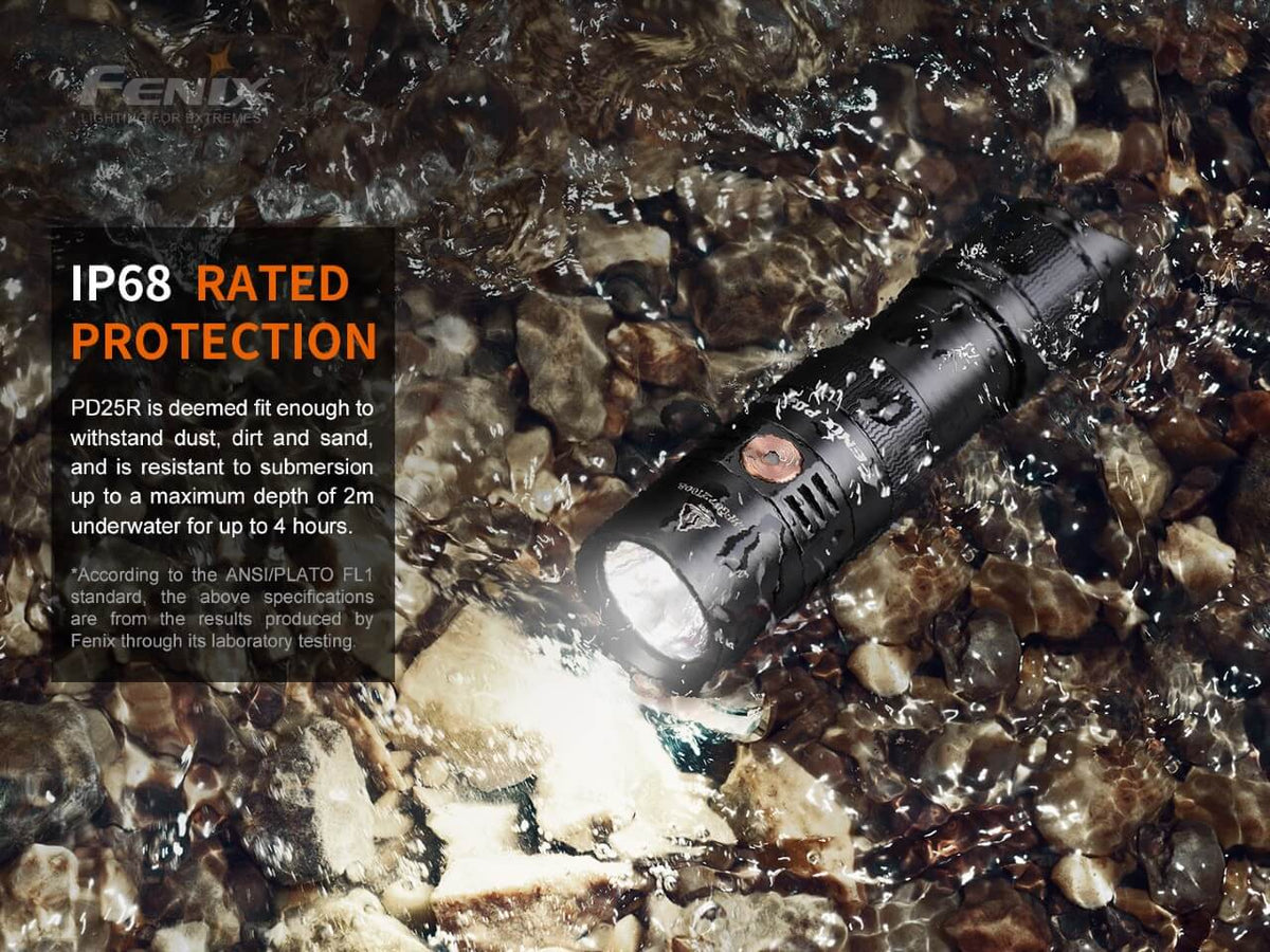 Fenix PD25R shown in running water in the supplier's IP68 water-resistance illustration.
