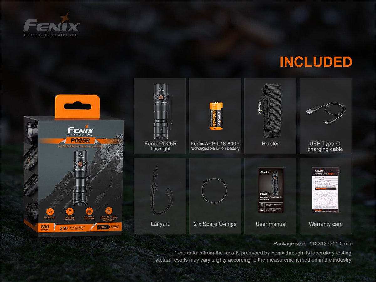 Fenix PD25R package-content graphic showing the flashlight, battery, carrying accessories, charging cable and documents.