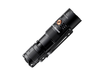 Angled rear view of the Fenix PD25R flashlight, showing its textured grip and long pocket clip.