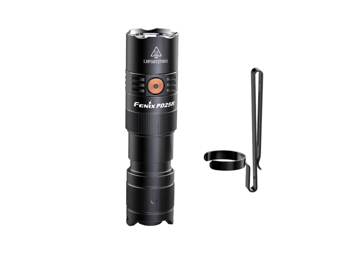 Fenix PD25R flashlight standing beside its detached two-position body clip.