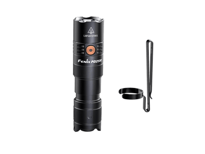 Fenix PD25R flashlight standing beside its detached two-position body clip.