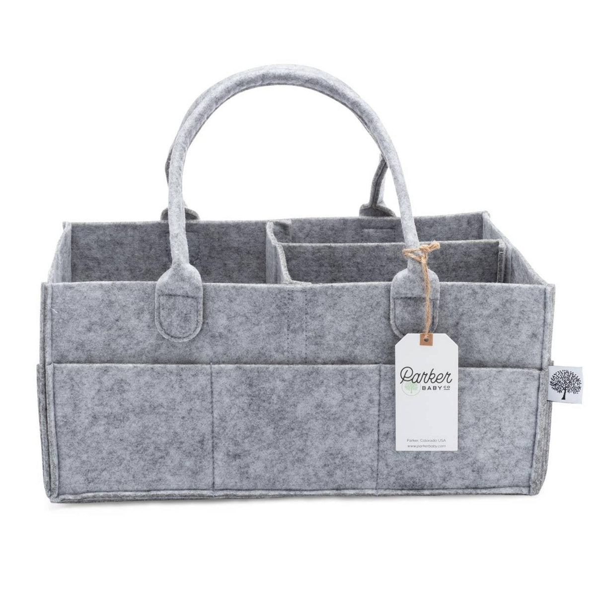 Empty Large Gray felt diaper caddy with removable divider and carry handles.