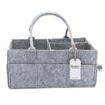 Empty Large Gray felt diaper caddy with removable divider and carry handles.