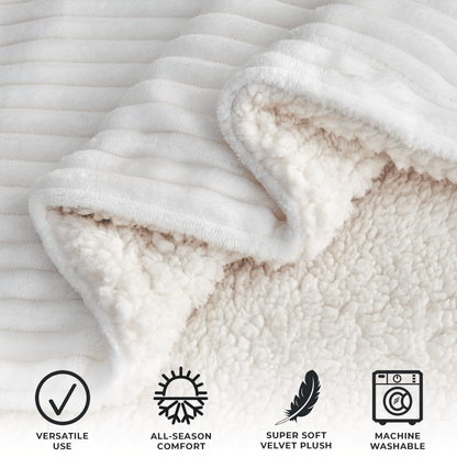 White ribbed blanket folded to show the sherpa reverse, with supplier feature and machine-wash icons.