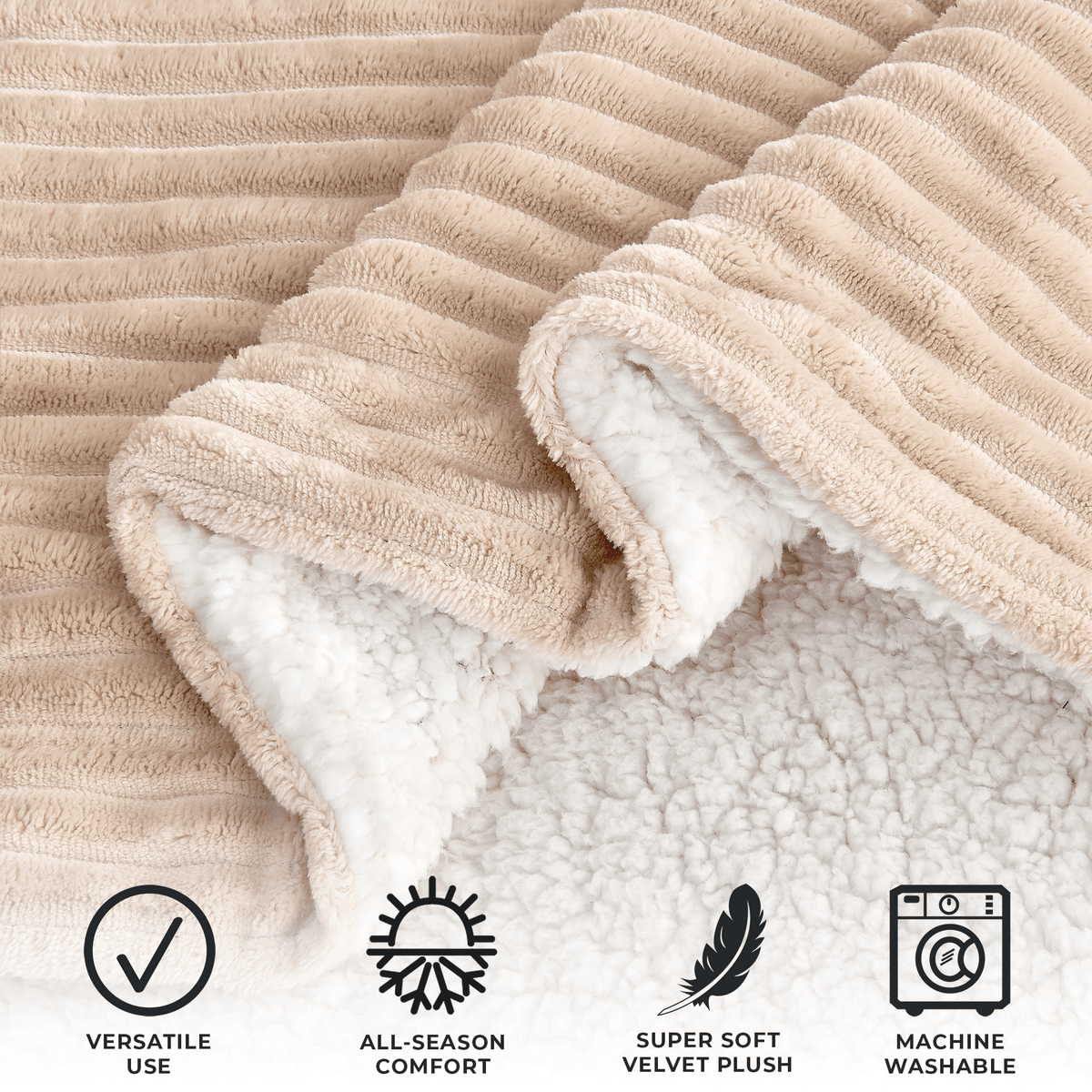 Cappuccino ribbed blanket folded to show the sherpa reverse, with supplier feature and machine-wash icons.