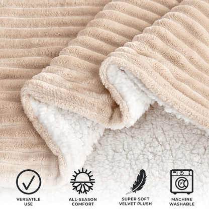 Cappuccino ribbed blanket folded to show the sherpa reverse, with supplier feature and machine-wash icons.