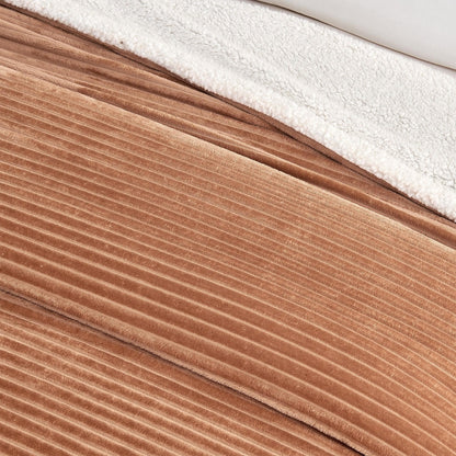 Close-up of the toffee ribbed face and pale sherpa reverse of the blanket.