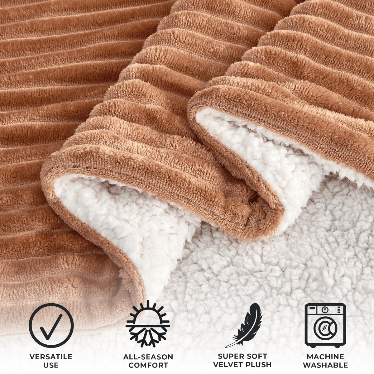 Toffee ribbed blanket folded to show the sherpa reverse, with supplier feature and machine-wash icons.