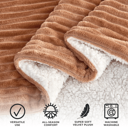 Toffee ribbed blanket folded to show the sherpa reverse, with supplier feature and machine-wash icons.