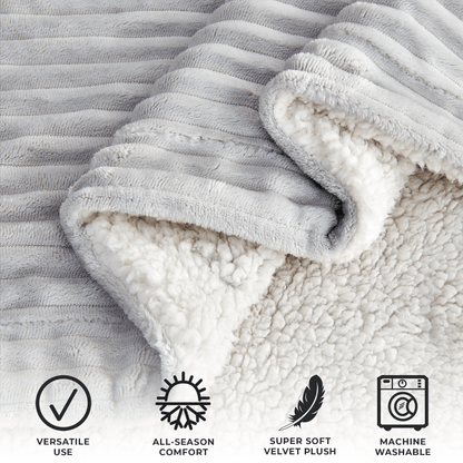 Light Grey ribbed blanket folded to show the sherpa reverse, with supplier feature and machine-wash icons.