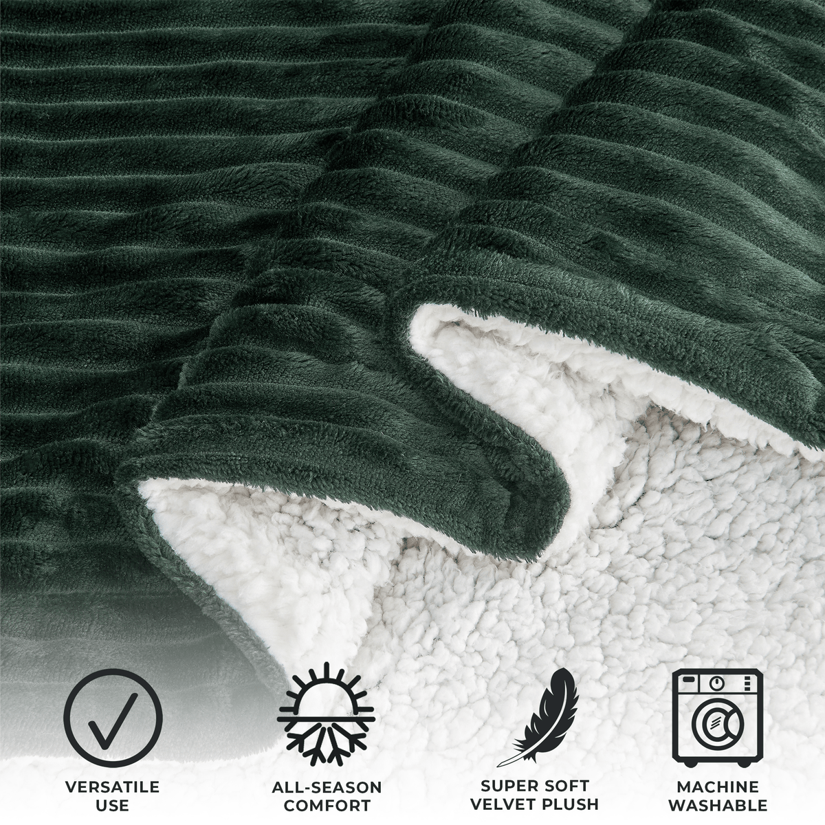 Forest Green ribbed blanket folded to show the sherpa reverse, with supplier feature and machine-wash icons.
