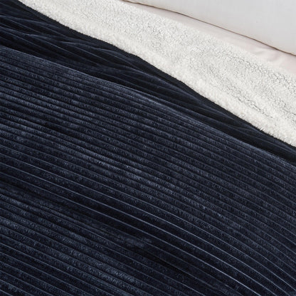 Close-up of the navy ribbed face and pale sherpa reverse of the blanket.